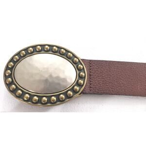Fossil Leather Belt Cognac Brown Oval Hammered Buckle Silver Brass Tones Medium